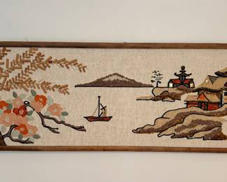 vintage mid-century modern Asian-themed gravel and pebble mosaic wall hanging featuring a pagoda landscape, popular during the 1960s