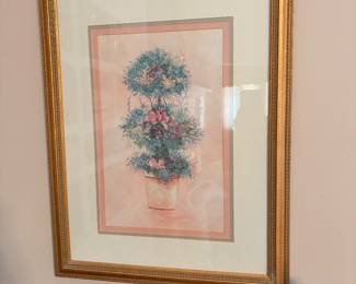 framed limited edition floral topiary art print by American artist Mary Vincent Bertrand, featuring a stacked multi-tiered botanical arrangement in a pot