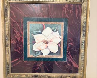 framed art print features Vivian Flasch's "Dream II" white magnolia design set against a dramatic marbled red and black background with an ornate gold-toned frame