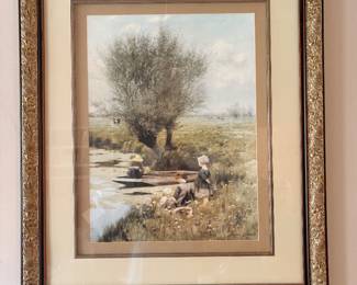 "Afternoon Along the River" (also known as "By the Riverside") by the Belgian impressionist/luminist painter Émile Claus (1849–1924), featuring children by a water's edge near a prominent willow tree