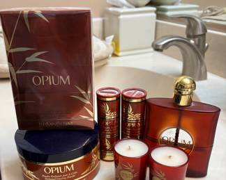 collection of classic Yves Saint Laurent Opium fragrance and body products