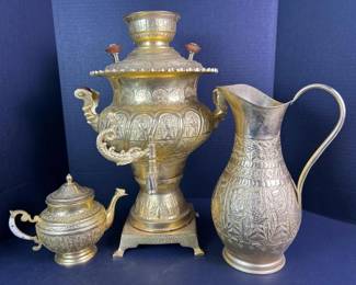 091 vintagebrasssamovarpitcherandteapot