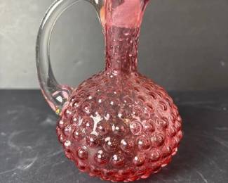 067 rubyhobnailglasscruetwithclearhand