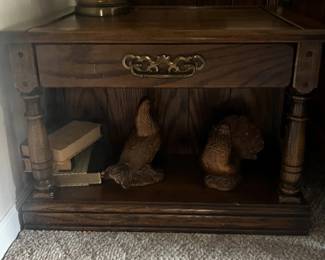 Dark Wood End Table with Single Drawer, BrassToned Hardware, and Open Lower Shelf Storage