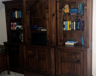 Classic 3Piece Dark Wood Sectional Wall Unit and Bookshelf with Open Upper Shelving and Lower Cabinet Storage