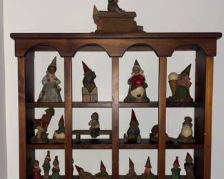 WallMounted Wooden Curio Shelf and Vintage HandPainted Pecan Resin Gnome and Woodland Figurines by Tom Clark