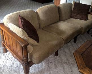Vintage 20thCentury ColonialStyle Wooden Frame 3 Seater Sofa in Tan Fabric with Carved Spindle Armrests