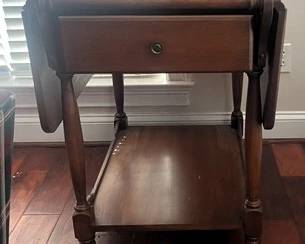 Vintage Solid Wood DropLeaf Side Table with PullOut Drawer and Lower Storage Shelf
