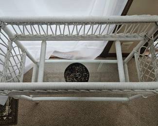 White Wicker Plant Stand with Glass Shelf second image