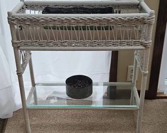 White Wicker Plant Stand with Glass Shelf