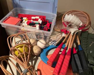 Vintage badminton racquet, vantage scoop ball, legos, vintage