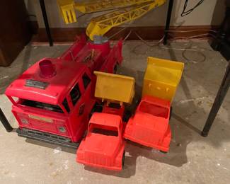 Vintage Fire Truck and Vintage Goodyear Dump Trucks