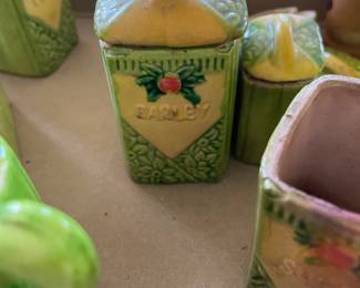 collection features vintage miniature ceramic kitchen canister and spice sets made in Japan