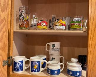 Vintage 1978 McDonald's Garfield & Odie clear glass coffee mugs with colorful cartoon prints. Vintage Morton Salt advertising ceramic coffee mug, sugar bowl, and creamer set featuring the iconic "When It Rains It Pours" umbrella girl logo.