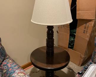 vintage combination dark-wood floor lamp and smoking/accent table,