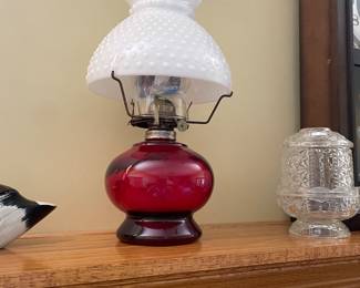 Oil lamp with white hobnob milk glass shade