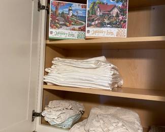 Vintage table clothes, lace doily table clothes, puzzles