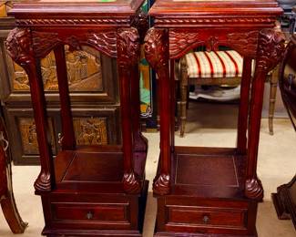 Pair of marble top plant stands with one drawer, or they could be used as end tables