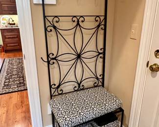 Wrought iron coat rack, and bench with storage