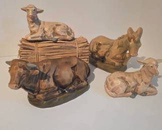 Large Vintage 10 piece Nativity Set with Wood Creche & Straw - stamped Japan