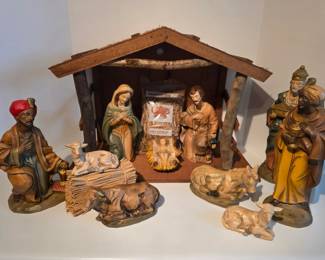 Large Vintage 10 piece Nativity Set with Wood Creche & Straw - stamped Japan
