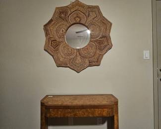Antique table, rattan flower mirror