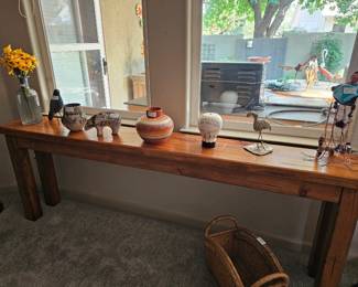 Solid wood console table, authentic southwest pottery, decor.
