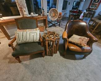 Vintage solid wood and leather chairs accent table 