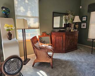 Italian Credenza, vintage mirror, lamp.