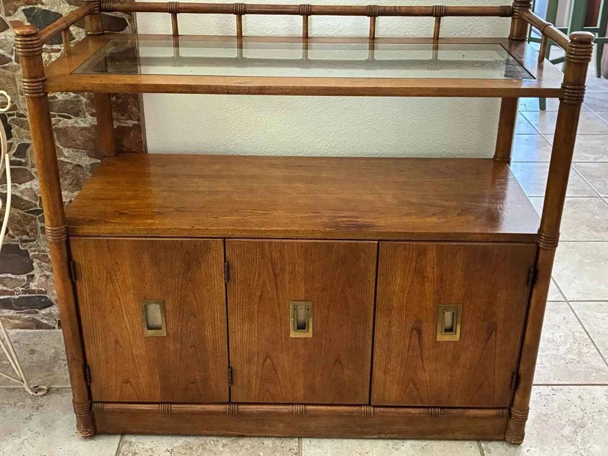 HJ134VVintage Faux Bamboo MidCentury Credenza With Glass Top