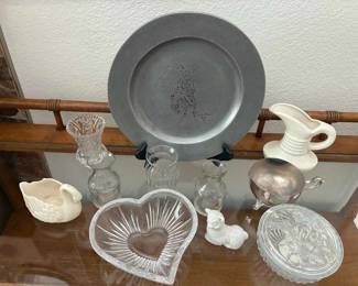HJ152Pewter, Silver Plate, Vintage Ceramic Pitcher And Decorative Glass