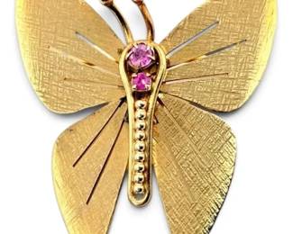 14k Gold Butterfly Brooch with Pink Stones 5.35g