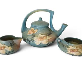Roseville Pottery Magnolia Blue Teapot and Sugar Creamer Set