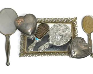Antique Vanity Tray, Hand Mirrors, Brushes, More