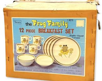 1970s Neil the Frog The Frog Family 12Piece Ceramic Breakfast Set w Original Box