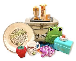 Vintage Bread Box, Pie Dish, Strawberry Jar, Frog Mug, More