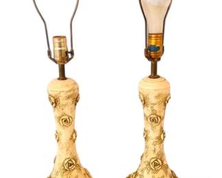 Pair of Romantic Ivory Ceramic Rose Lamps