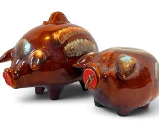 Two Brown Glazed Pottery Pig Banks