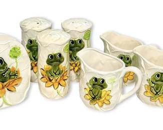 1970s Neil the Frog Shakers, Creamers, Napkin Holder, Extra Lid