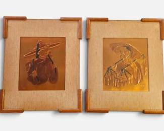 Marko Embossed Copper Relief Wall Plaques w Asian Figures 19 X 23