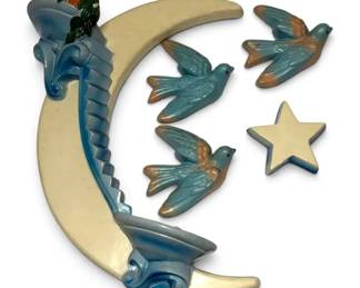 Vintage Chalkware Crescent Moon Birds Wall Plaques