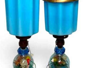 Vintage Blue Merry Lamps w Flower Base