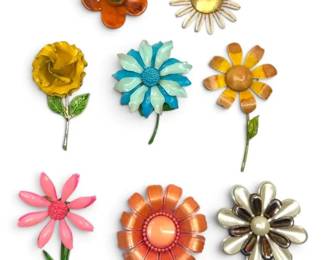 Vintage Flower Power Enamel Metal Brooches
