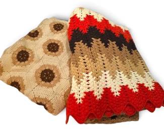 Two Orange Brown Crochet Afghan Blankets