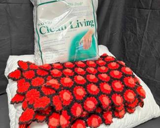 17WH142Large Down Comforter, Waterproof Mattress Pad, And Crocheted Throw