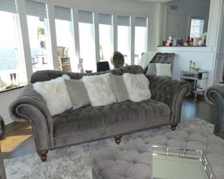 Stunning gray velvet tufted back sofa, loveseats, tufted ottoman & area rug