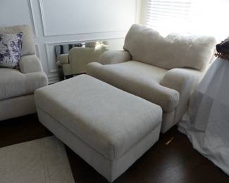 Neutral sofa, pair of oversized chairs with ottomans