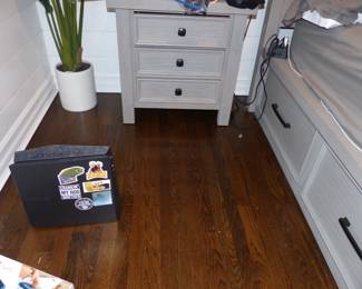 Gray wood bedroom set with storage in bed, night table, dresser & chest