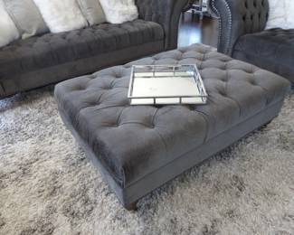 Stunning gray velvet tufted back sofa, loveseats, tufted ottoman & area rug
