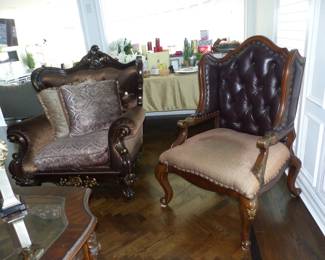 Traditional ornate wood trim sofa, loveseat, accent chairs & coffee table